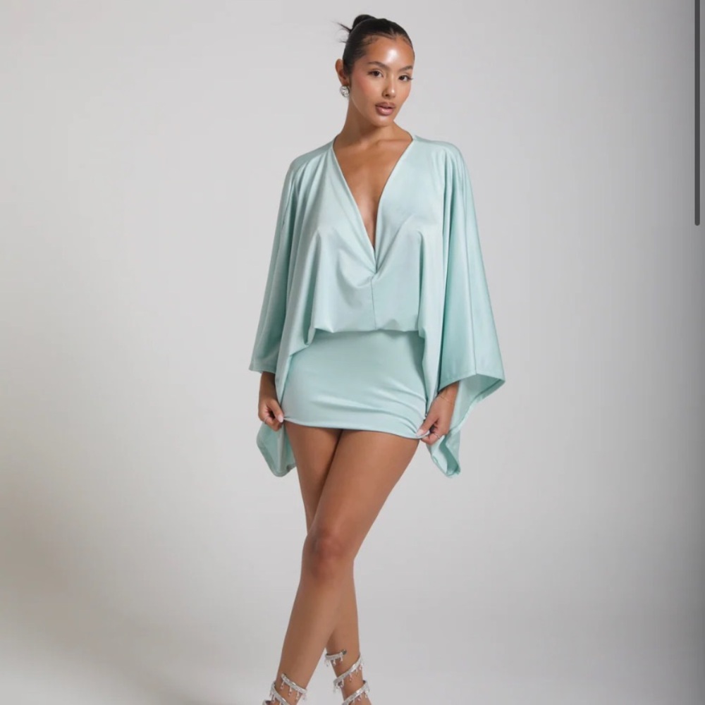 Mint Green Mini Dress with Draped V-Neck